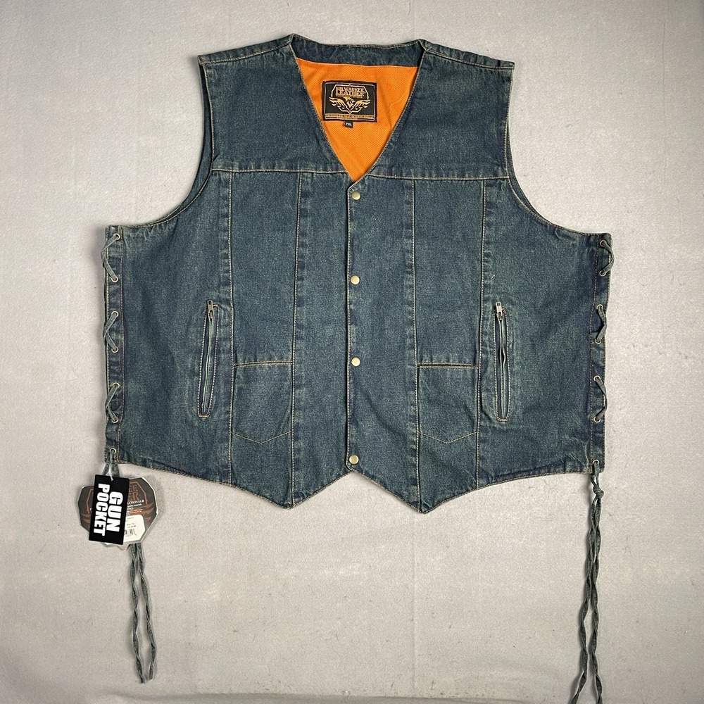 New Milwaukee Leather Blue Denim Motorcycle Biker Riders Vest‎ 7XL w/Side Laces
